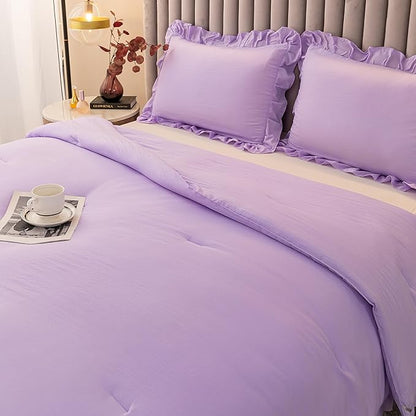 Andency Lavender Twin Size Comforter(66x90Inch), 2 Pieces(1 Ruffle Comforter and 1 Pillowcase) Solid Farmhouse Shabby Chic Comforter, Lighteweight and Soft Microfiber Bedding Set
