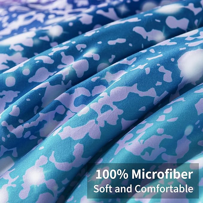 Litanika Galaxy Comforter Queen(90x90lnch), 3 Pieces(1 Blue Glitter Ombre Comforter, 2 Pillowcases), 3D Colorful Rainbow Bedding Set, Microfiber Comforter Set for Kid Boy Girl Teen