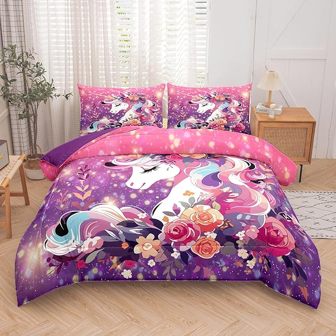 Tailor Shop Unicorn Kids Bedding Set for Girls Pink Purple Flower Unicorn Comforter Set Queen Galaxy Bedding Sets All Season with 2 Pillowcase……