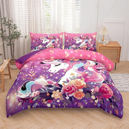Tailor Shop Unicorn Bedding Twin Size 5 Pieces Unicorn Comforter Bed in a Bag for Girls/Kids Pink Comforter Set for Kids Girls Unicorn Sheets Room Decor…