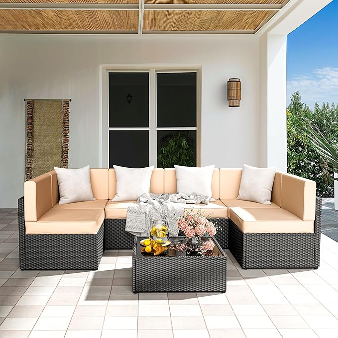 Pamapic Outdoor Rattan Sectional Sofa Conversation Set,7 Pieces Patio Furniture with Tea Table and Washable Cushions, Cream