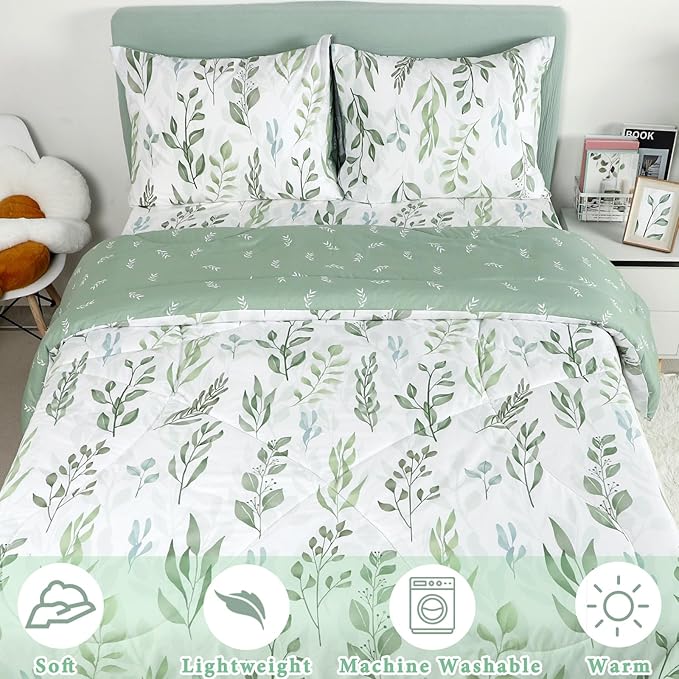 DILIMI Queen Comforter set, 3 Pieces Queen Size Comforter Sets, Reversible Green Comforter Queen, Ultra Soft and Fluffy Bedding Comforter Sets with Comforter, 2 Pillowcase