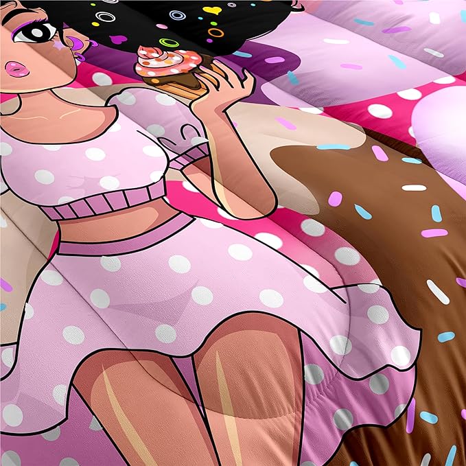 African American Girl Comforter Set Black Girl Comforter Set Princess Bedding with Donut Girl Prints Kids Comforter Sets Gifts for Girls Bedroom Decor Pink Full Size Quilt Sets with 2 Pillowcases