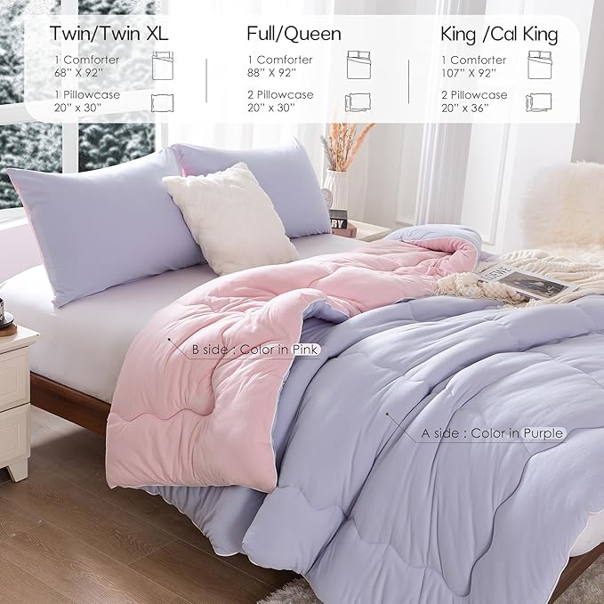COTTEBED Reversible Ultra-Soft Warm King Size Comforter Set, California Cal King Down Comforter Cozy Fully Breathable Bedding 1 Down Alternative Quilt and 2 Pillowsham Winter Pink and Purple