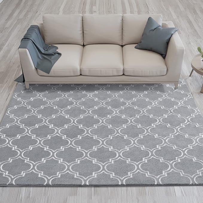 Chicrug Shag Geometric Modern Area Rug for Bedroom, 6x9 Feet Memory Foam Indoor Carpet, Fluffy Rug for Living room Bedside Room Decor for Family Girls Kids Nursery Play Mat, Grey/White