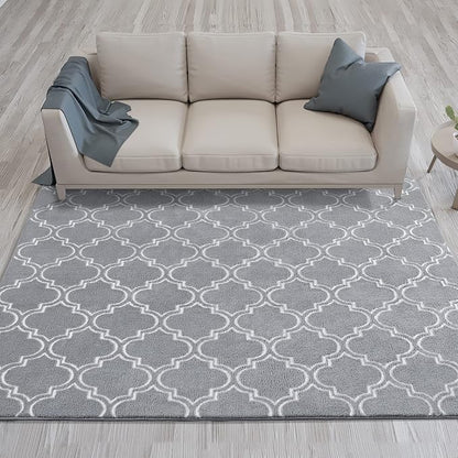 Chicrug Shag Geometric Modern Area Rug for Bedroom, 6x9 Feet Memory Foam Indoor Carpet, Fluffy Rug for Living room Bedside Room Decor for Family Girls Kids Nursery Play Mat, Grey/White