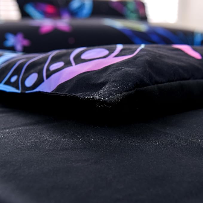 Btargot 3 Piece Butterfly Pattern Girls Comforter Set with 2 Pillow Covers, Gradient Line Rainbow Printed Bedding Set for Women, Queen Black