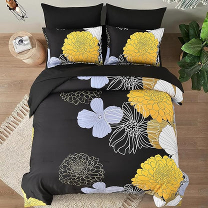 Bed in a Bag Queen Yellow Black Comforter Set 7 Pieces Soft Microfiber Floral Bedding Set with 1 Comforter 1 Flat Sheet 1 Fitted Sheet 2 Pillowshams 2 Pillowcases