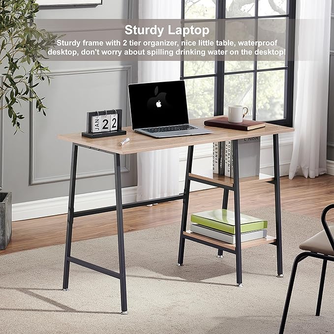 VECELO 43 Inch Home Office Computer Easy to Assemble Simple Table Modern Student Study Desk,Water Proof, Oak+black leg