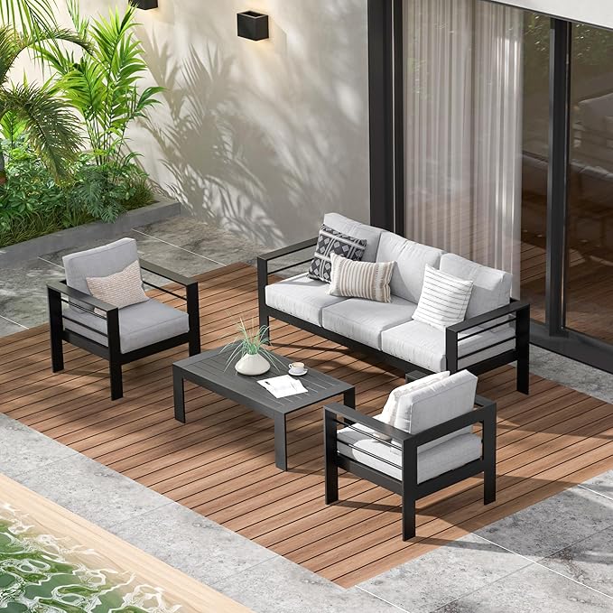 Wisteria Lane Aluminum Outdoor Patio Furniture Set, 4 Pcs Modern Outdoor Conversation Set Sectional Sofa with Upgrade Cushion and Coffee Table for Balcony,Black Frame and Grey Cushion