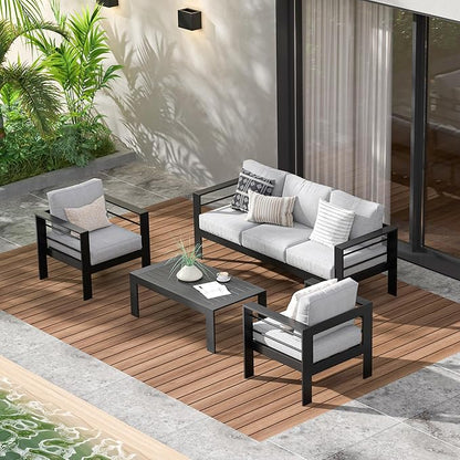 Wisteria Lane Aluminum Outdoor Patio Furniture Set, 4 Pcs Modern Outdoor Conversation Set Sectional Sofa with Upgrade Cushion and Coffee Table for Balcony,Black Frame and Grey Cushion