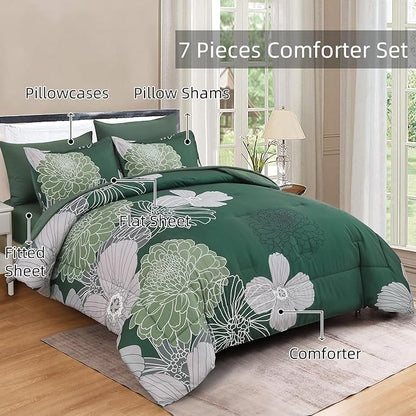 Yiran 7 Pieces Queen Floral Comforter Set,Emerald Green Bed in a Bag Flowers Comforter,Soft Microfiber Bedding Set with Comforter, Sheets, Pillowcases & Shams 90"×90"