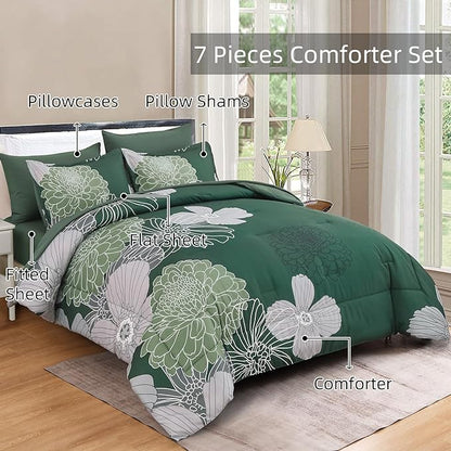 Yiran 7 Pieces King Size Comforter Set,Dark Green Floral Bed in a Bag Comforter and Sheet Set, Soft Microfiber Lightweight Bedding Set for All Season 103"×90"