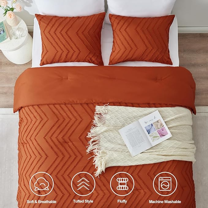 CozyLux Queen Comforter Set Burnt Orange - 3 Pieces Terracotta Boho Tufted Shabby Chic Bedding Comforter Set for All Seasons, Chevron Bedding Sets with Comforter & 2 Pillow Shams