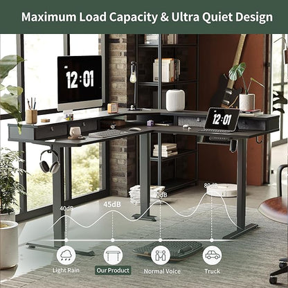 FEZIBO 63" L Shaped Standing Desk with 4 Drawers, Electric Standing Gaming Desk Adjustable Height, Corner Stand up Desk with Splice Board, Black Frame/Black Top