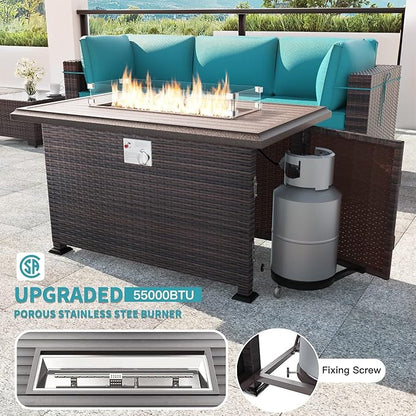 Kullavik 15PCS Outdoor Patio Furniture Set with 43" 55000BTU Gas Propane Fire Pit Table PE Wicker Rattan Sectional Sofa Patio Conversation Sets w/8 Coner Sofas,Blue