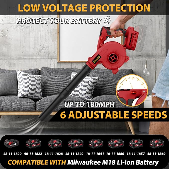 Cordless Leaf Blower for Milwaukee M18 Battery, 2-in-1 Handle Electric Blower + Vacuum Cleaner, 6 Variable Speed Up to 180MPH, Electric Jobsite Air Blower with Brushless Motor (Battery Not Included)