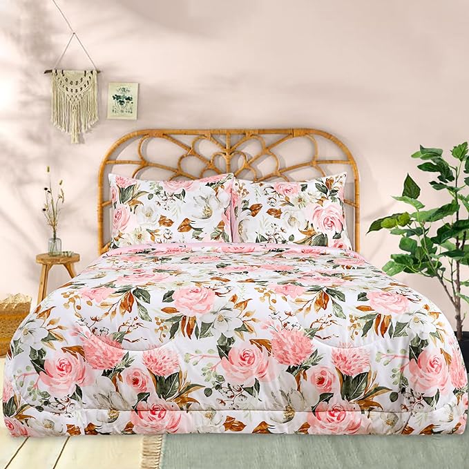 DILIMI King Size Comforter Set, 3 Pieces King Comforter Set, Reversible Pink Floral Comforter King Size, Ultra Soft and Fluffy Bedding Comforter Sets with Comforter, 2 Pillowcase