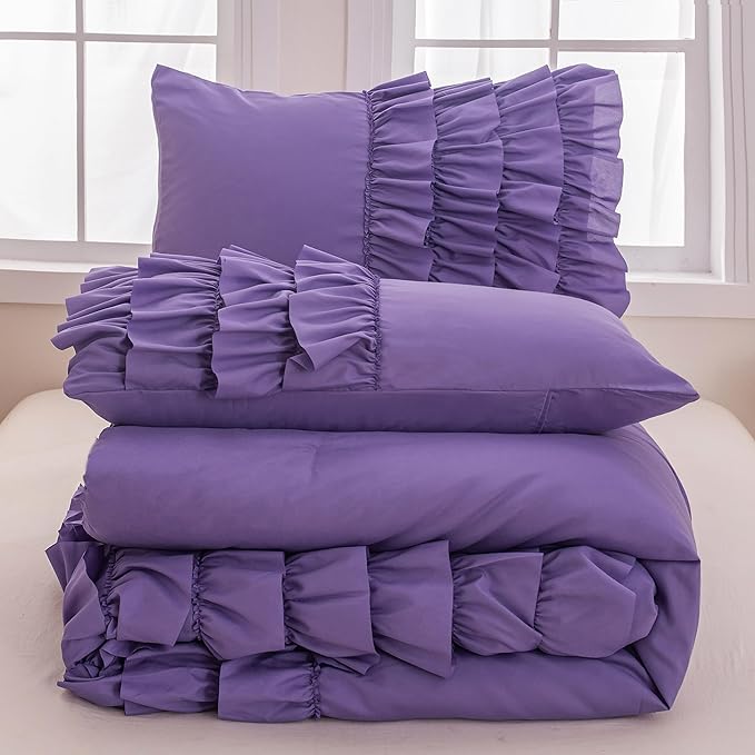 Purple Comforter Set Full Size, Light Purple Boho Ruffle Bedding Set, 3Pcs Kids Girls Full Size Bedding Sets for All Season