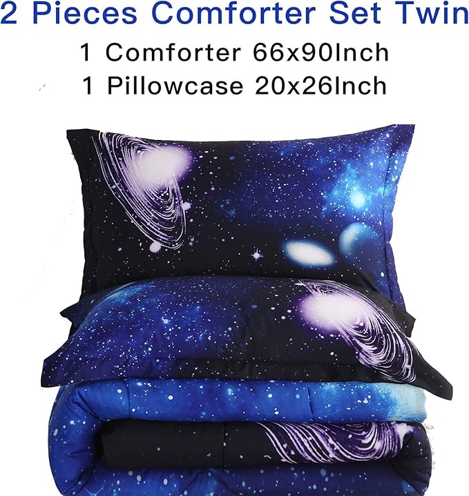 Litanika 3D Galaxy Comforter Twin(66x90lnch), 2 Pieces(1 Galaxy Comforter, 1 Pillowcase), Universe Outer Space Comforter, Microfiber Bedding Set for Boy Girl Kid Teen