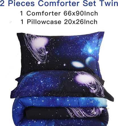 Litanika 3D Galaxy Comforter Twin(66x90lnch), 2 Pieces(1 Galaxy Comforter, 1 Pillowcase), Universe Outer Space Comforter, Microfiber Bedding Set for Boy Girl Kid Teen