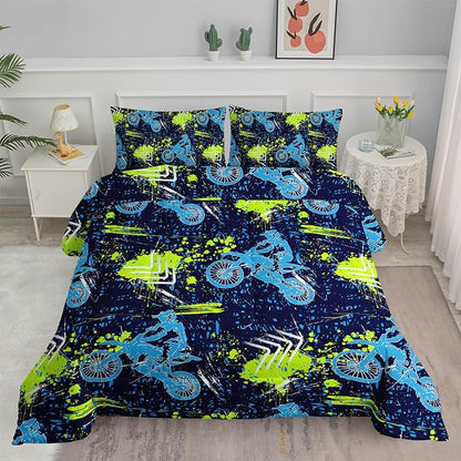 Axolotl Boys Dirt Bike Bedding Set Queen,Dirt Bike Comforter Set,Extreme Sports Tie Dye Bedding Set Motor Biker,Motocross Rider Comforter Set for Boys Kids Teens Men,1 Quilt 2 Pillowcases,Blue Green