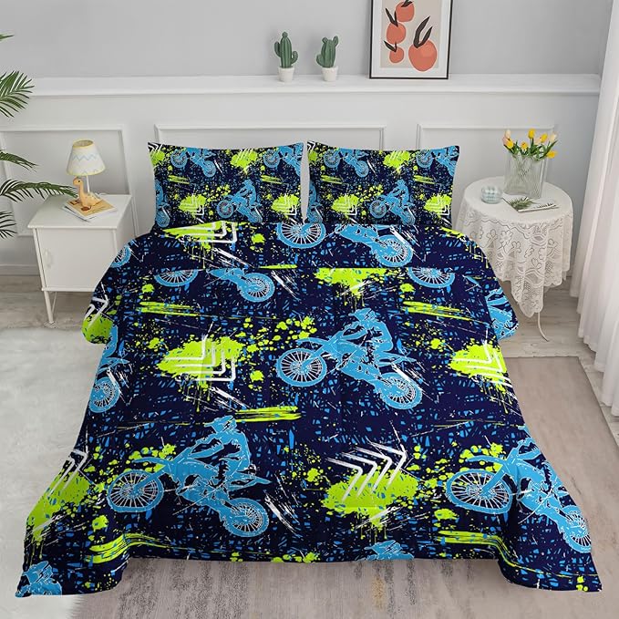 Axolotl Boys Dirt Bike Bedding Set Full,Dirt Bike Comforter Set,Extreme Sports Tie Dye Bedding Set Motor Biker,Motocross Rider Comforter Set for Boys Kids Teens Men,1 Quilt 2 Pillowcases,Blue Green