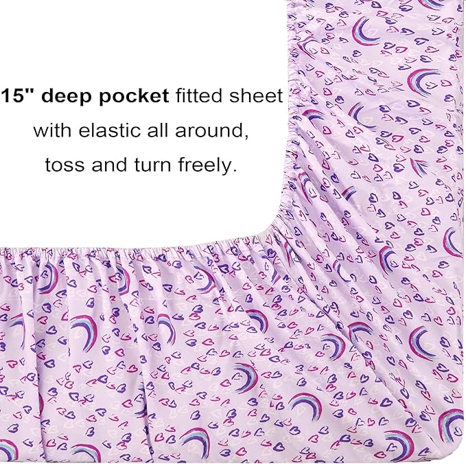 Mooreeke Queen Size Comforter Sets for Girls Kids, 8 Pieces Bed in a Bag Purple Love Heart Rainbow Bedding Comforter Sheet Set with Shams and Decorative Toy Pillow, Ultral Soft Microfiber Kids Bed Set