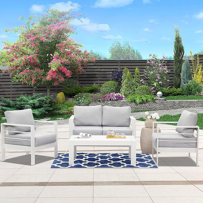 Wisteria Lane Outdoor Patio Furniture Set, 4 Pieces Aluminum Sectional Sofa, Metal Patio Conversation Set with Loveseat, 5 Inch Light Grey Cushion and Coffee Table (White & Light Grey)