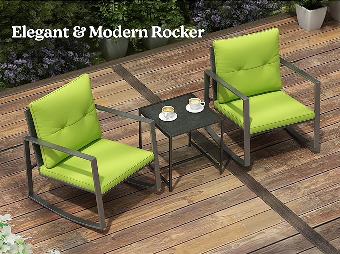 3 Piece Rocking Bistro Set - Synthetic Wicker Outdoor Furniture - Glass Coffee Table with 2 Chairs for Balcony, Patio & Porch - Black Metal, Soft Cushions (Green)