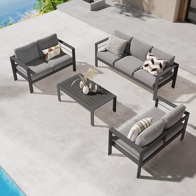 Wisteria Lane Aluminum Outdoor Patio Furniture Set, Modern Patio Conversation Sets, Outdoor Sectional Metal Sofa with 5 Inch Cushion and Coffee Table for Balcony, Garden, Dark Grey