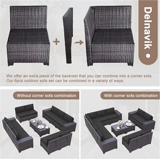 12PCS Patio Furniture Set Sofa Wicker Sectional Sofa Set, Outdoor Furniture Rattan Patio Conversation Set with Cushions and Glass Coffee Table, Black