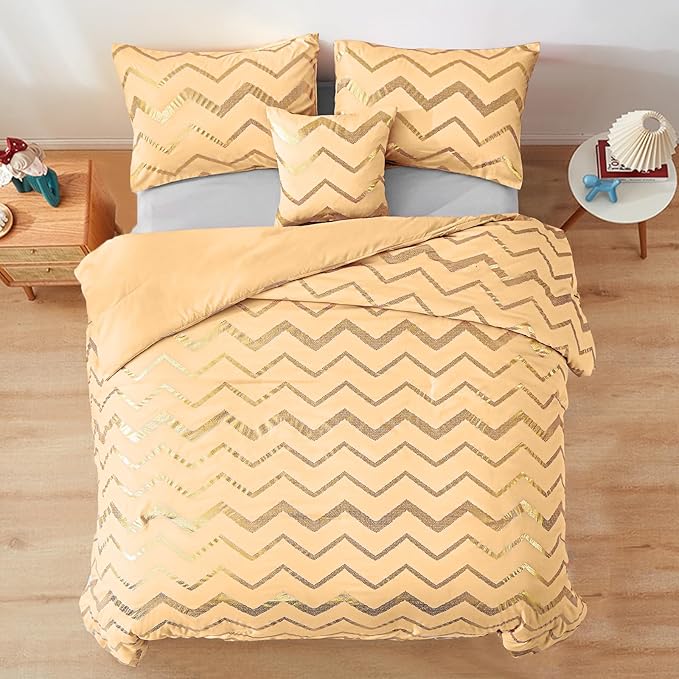Yellow Gold Comforter Set Twin Size Metallic Bedding Set for Girls Lightweight Microfiber Comforter Set,3 Piece (1 Matching Sham + 1 Decorative Pillow)