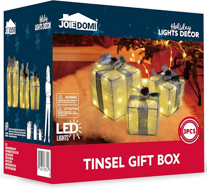 Joiedomi Christmas Lighted Gift Boxes, Christmas Decorations Set of 3, Light up Present Boxes, 60 LED Warm White Lights for Indoor Holiday Décor, Christmas Eve Night Décor