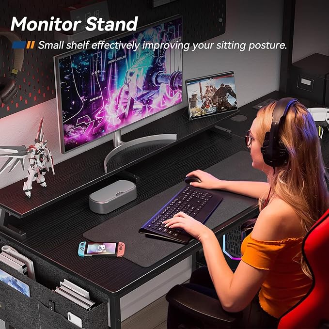 KKL 55 inch L Shaped Computer Desk with USB Charging Port & Power Outlet, L-Shaped Corner Desk with 4 Tier Drawer & Monitor Shelf for Home Office Workstation, Modern Style Writing Table, Black