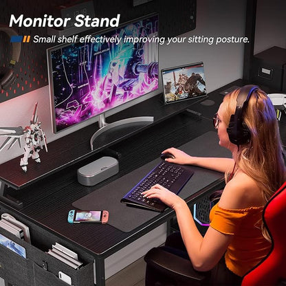 KKL 55 inch L Shaped Computer Desk with USB Charging Port & Power Outlet, L-Shaped Corner Desk with 4 Tier Drawer & Monitor Shelf for Home Office Workstation, Modern Style Writing Table, Black