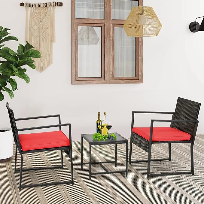 FDW Patio Furniture Sets 3 Piece Outdoor Bistro Set Wicker Patio Chairs Rattan Outdoor Furniture for Backyard Porch Poolside Lawn,Red Cushion
