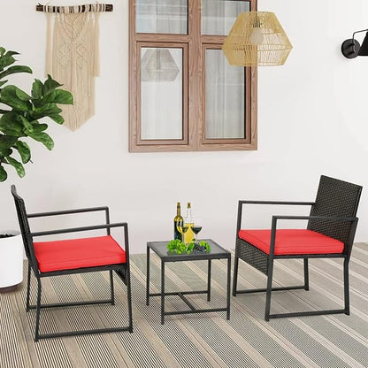 FDW Patio Furniture Sets 3 Piece Outdoor Bistro Set Wicker Patio Chairs Rattan Outdoor Furniture for Backyard Porch Poolside Lawn,Red Cushion