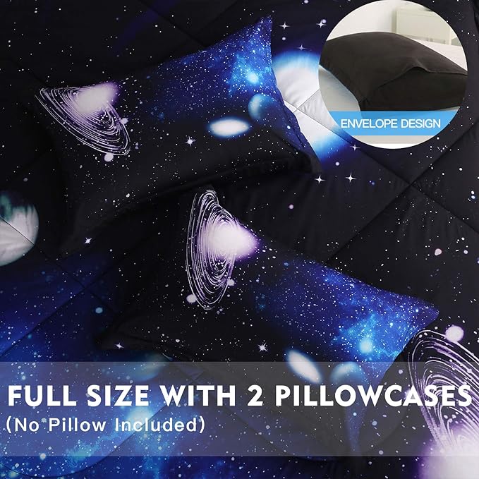 Litanika 3D Galaxy Comforter Full(79x90lnch), 3 Pieces(1 Galaxy Comforter, 2 Pillowcases) Universe Outer Space Bedding Set, Microfiber Comforter Set for Kid Boy Girl Teen