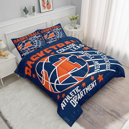 Datura home Basketball Comforter Sets for Boys Kids,Orange Blue Theme Basketball Championship American Style,Duvet 3Pcs in Quilt Sets with 1 Comforter and 2 Pillowcases(Orange Queen)