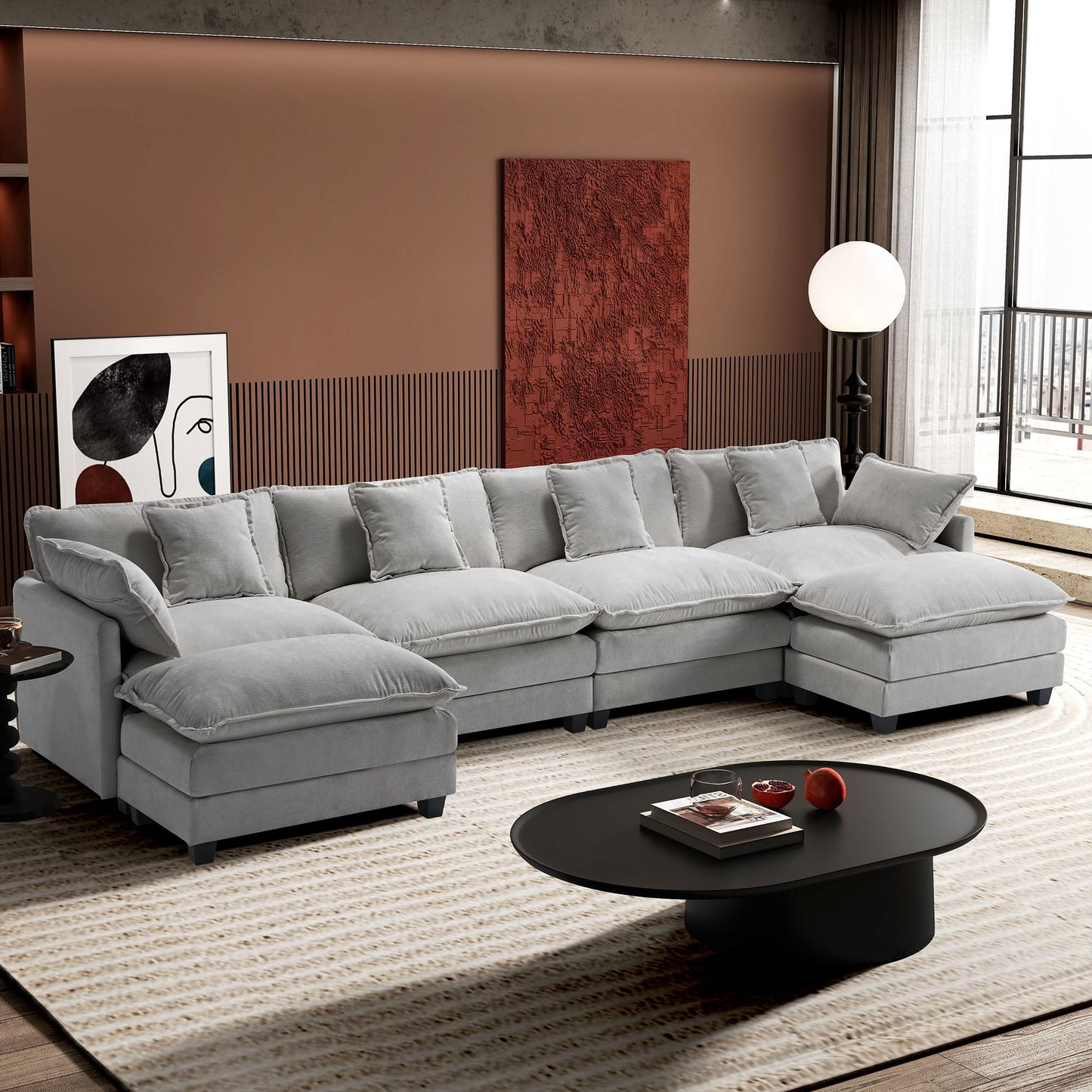 Ihanherry 111.4" L Shaped Modern Sofa Modular Sectional Cloud Couch with Ottoman, 4-Seat Chenille Deep Seat Sofa with Pillow for Living Room, Bedroom and Apartment, Beige