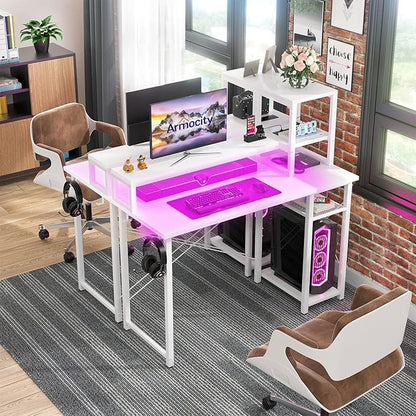 armocity 2024 Upgrade Gaming Desk with LED Lights, Small Computer Desk with Long Monitor Stand, 40'' Reversible Laptop Table with Storage Shelves, Small Desk for Small Spaces, Gaming Room, White