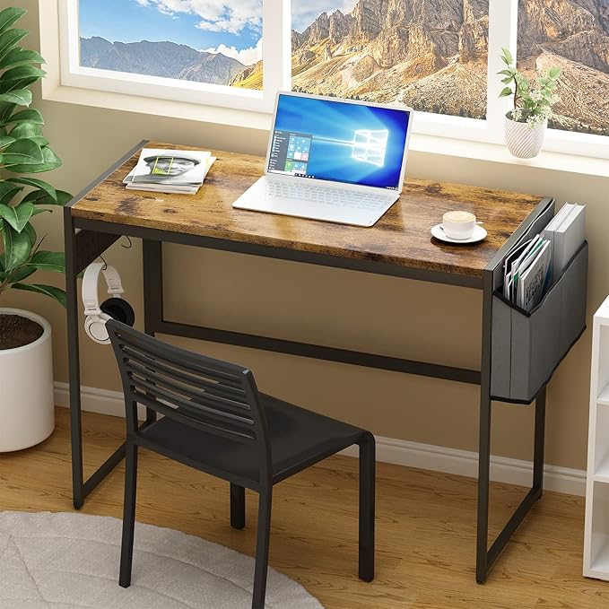 DKLGG Computer Desk 39" Home Office Desk Laptop Study Table Workstation with A Storage Bag and Headphone Hook Retro Industrial Design Small Computer Desk for Teens, Brown