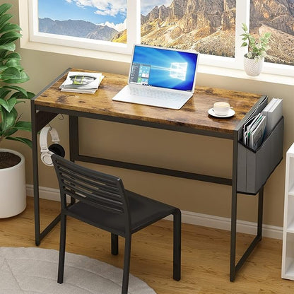 DKLGG Computer Desk 39" Home Office Desk Laptop Study Table Workstation with A Storage Bag and Headphone Hook Retro Industrial Design Small Computer Desk for Teens, Brown