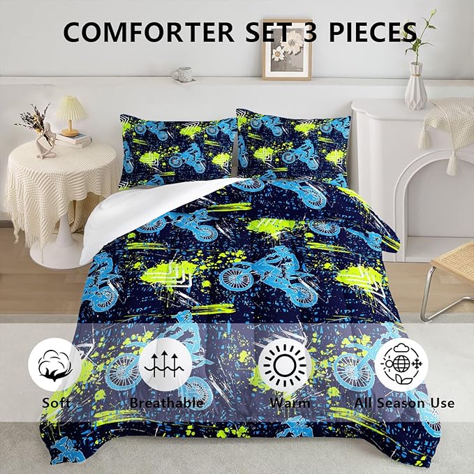 Axolotl Boys Dirt Bike Bedding Set Queen,Dirt Bike Comforter Set,Extreme Sports Tie Dye Bedding Set Motor Biker,Motocross Rider Comforter Set for Boys Kids Teens Men,1 Quilt 2 Pillowcases,Blue Green