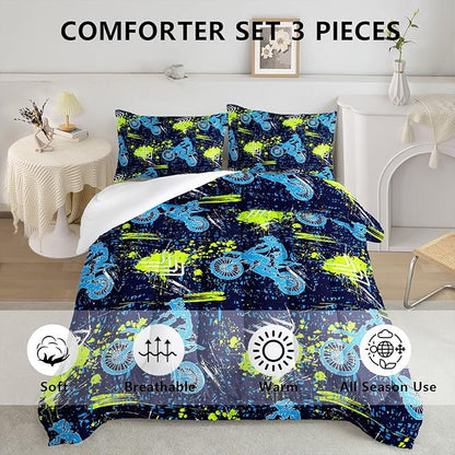 Axolotl Boys Dirt Bike Bedding Set Twin,Dirt Bike Comforter Set,Extreme Sports Tie Dye Bedding Set Motor Biker,Motocross Rider Comforter Set for Boys Kids Teens Men,1 Quilt 2 Pillowcases,Blue Green