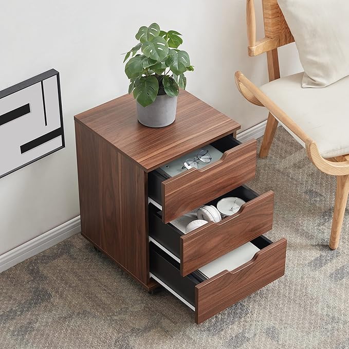Farini 3-Drawer Vertical Filing Cabinet Rolling Wood Mobile File Cabinets Under Desk for Home Office with Casters (Brown Walnut, Fully Assembled)
