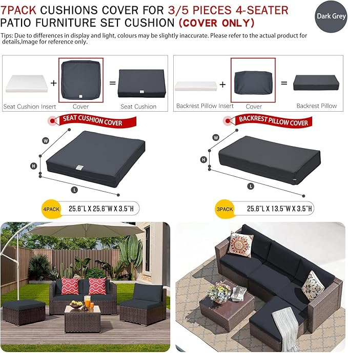 ClawsCover 7Pack Outdoor Seat and Back Cushions Replacement Covers Fit for 3/5 Pieces 4-Seater Wicker Rattan Patio Furniture Conversation Set Sectional Couch,Dark Gray-Large(Include Cover Only)