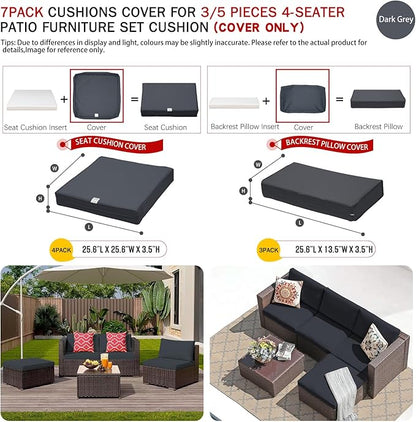 ClawsCover 7Pack Outdoor Seat and Back Cushions Replacement Covers Fit for 3/5 Pieces 4-Seater Wicker Rattan Patio Furniture Conversation Set Sectional Couch,Dark Gray-Large(Include Cover Only)