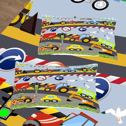 Tailor Shop Construction Vehicle Truck Comforter Set Queen Size，Cartoon Excavator Bedding Sets Comforter Cover for Boys Childs Kids Teens ，Tractor Mixer Room Decor with 1 Comforter 2 Pillowcases